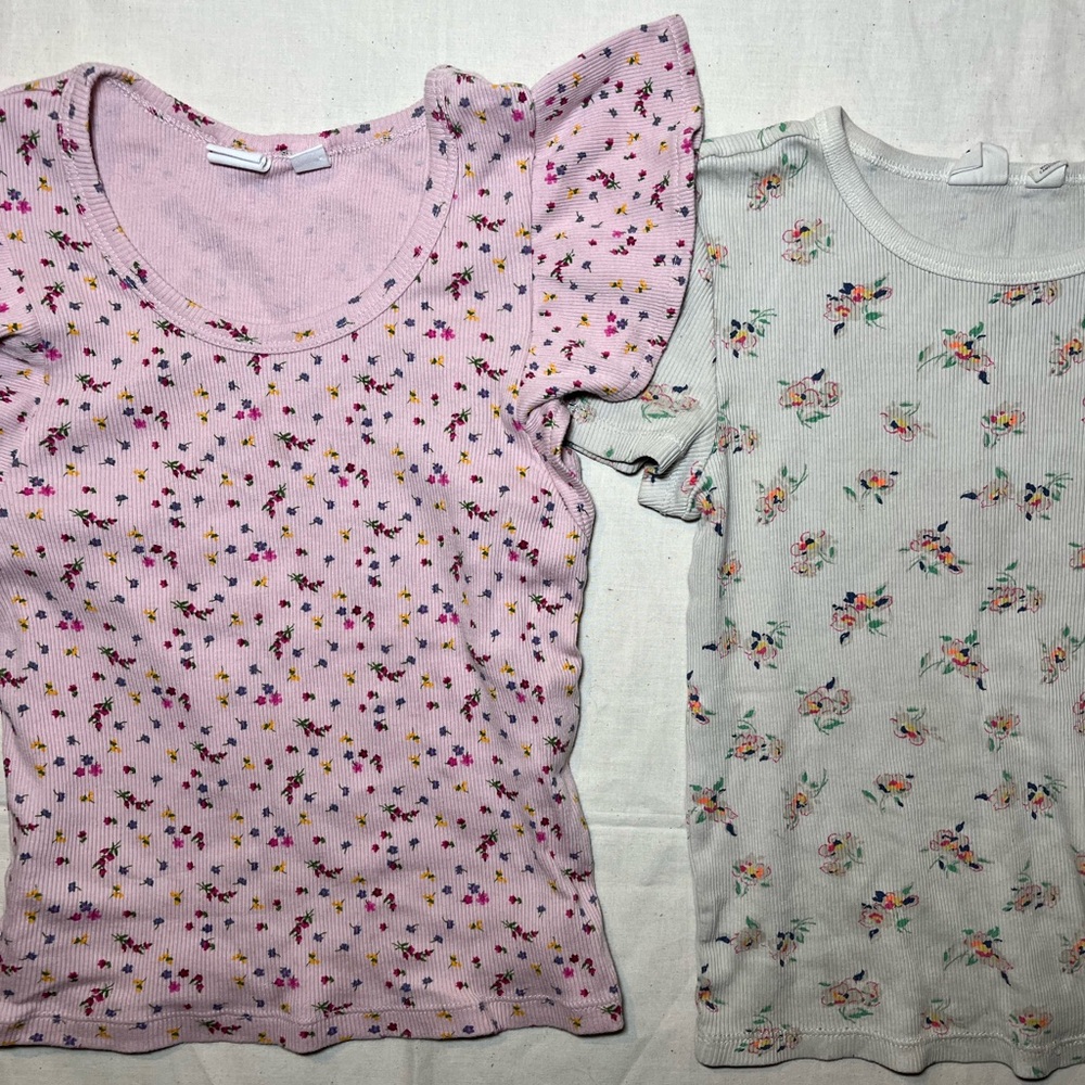 Pink Floral Ribbed Top Flutter Sleeve - Picture 4 of 6